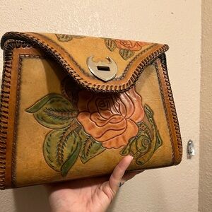 Tan and Green Floral Leather Shoulder Bag
